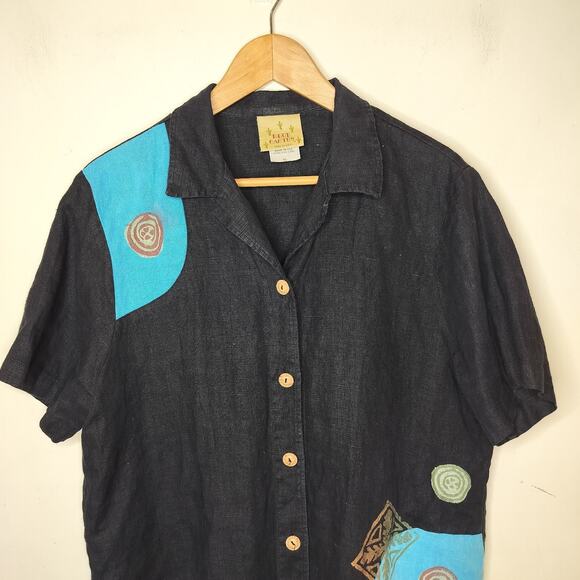 Blue Cactus Linen Button Up Shirt Hand-Painted Funky Art to Wear - Picture 3 of 12